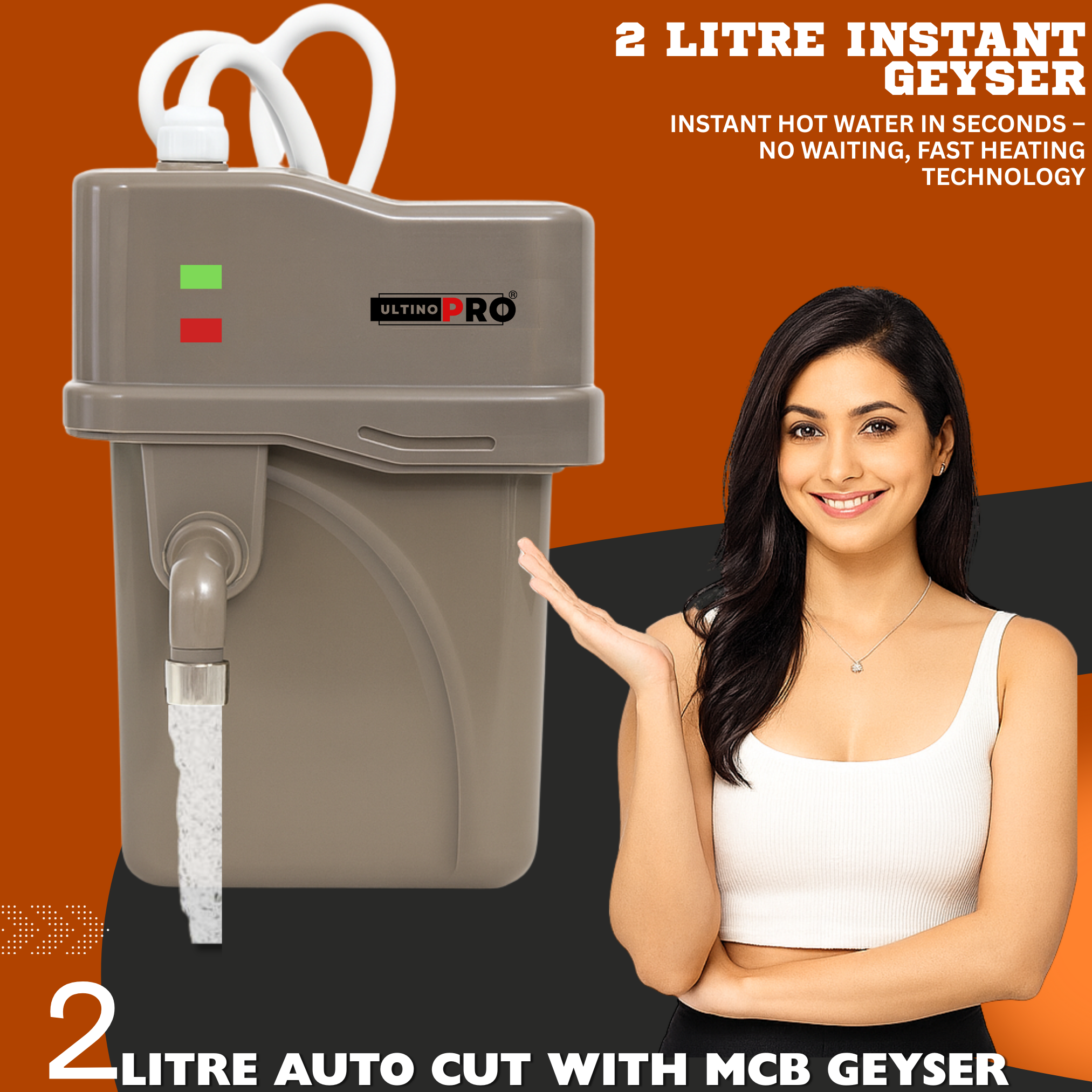 UltinoPro Instant Water Geyser 2 L Portable Water Heater, Made of First Class ABS Plastic, Auto Cut Off Feature with 1 Year Warranty, for Home, Office, etc, Smart Geyser (Beige With MCB)